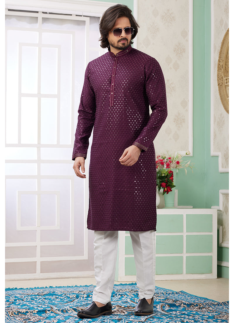 Art Silk Wine Traditional Wear Thread Work Readymade Kurta Pajama