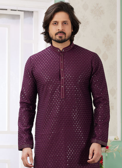 Art Silk Wine Traditional Wear Thread Work Readymade Kurta Pajama