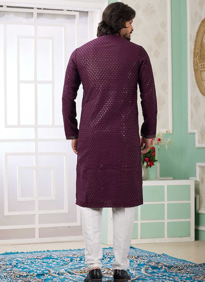 Art Silk Wine Traditional Wear Thread Work Readymade Kurta Pajama