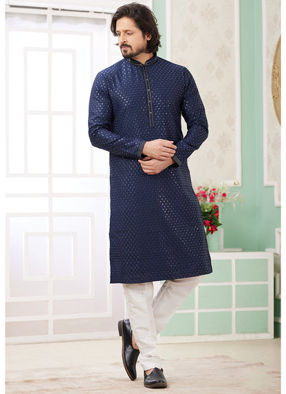 Art Silk Sky Blue Ethnic Wear Thread Detailing Readymade Kurta Pajama