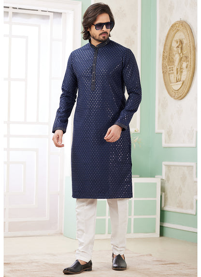 Art Silk Sky Blue Ethnic Wear Thread Detailing Readymade Kurta Pajama