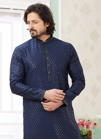 Art Silk Sky Blue Ethnic Wear Thread Detailing Readymade Kurta Pajama