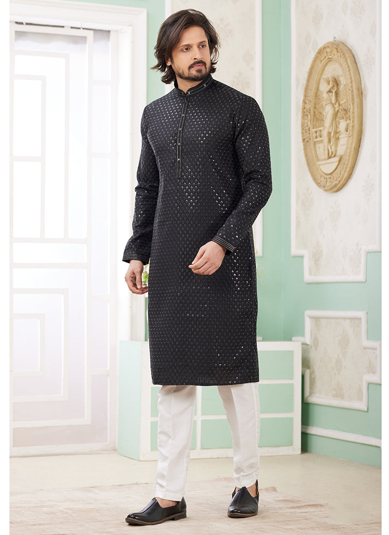Art Silk Midnight Black Ethnic Wear Thread Detailing Readymade Kurta Pajama