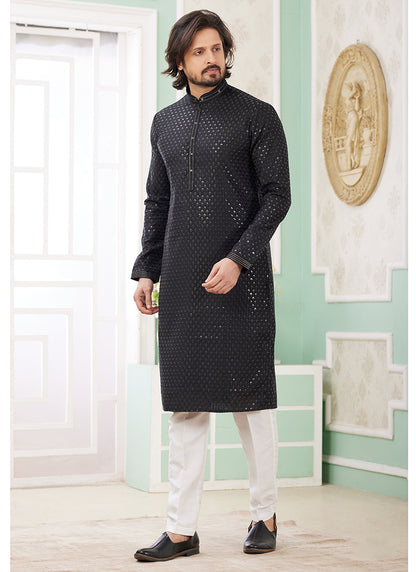 Art Silk Midnight Black Ethnic Wear Thread Detailing Readymade Kurta Pajama