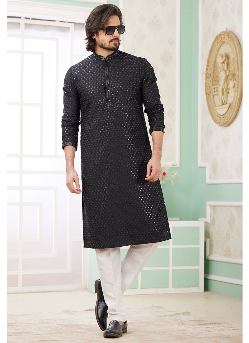Art Silk Midnight Black Ethnic Wear Thread Detailing Readymade Kurta Pajama
