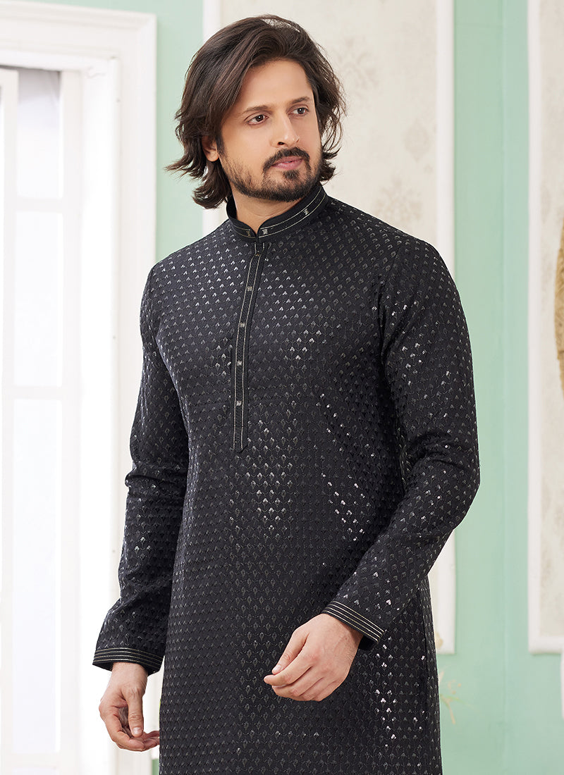 Art Silk Midnight Black Ethnic Wear Thread Detailing Readymade Kurta Pajama