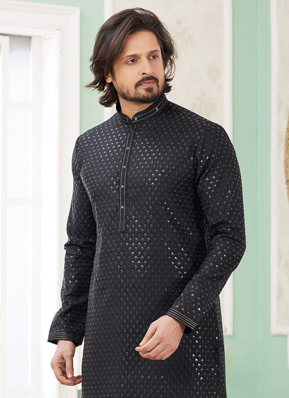 Art Silk Midnight Black Ethnic Wear Thread Detailing Readymade Kurta Pajama