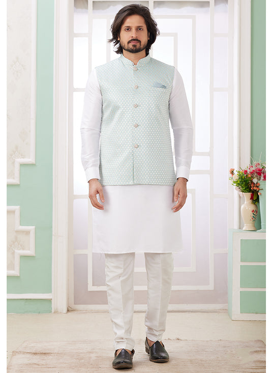 Art Silk Off White Wedding Wear Plain Readymade Kurta Pajama With Jacket