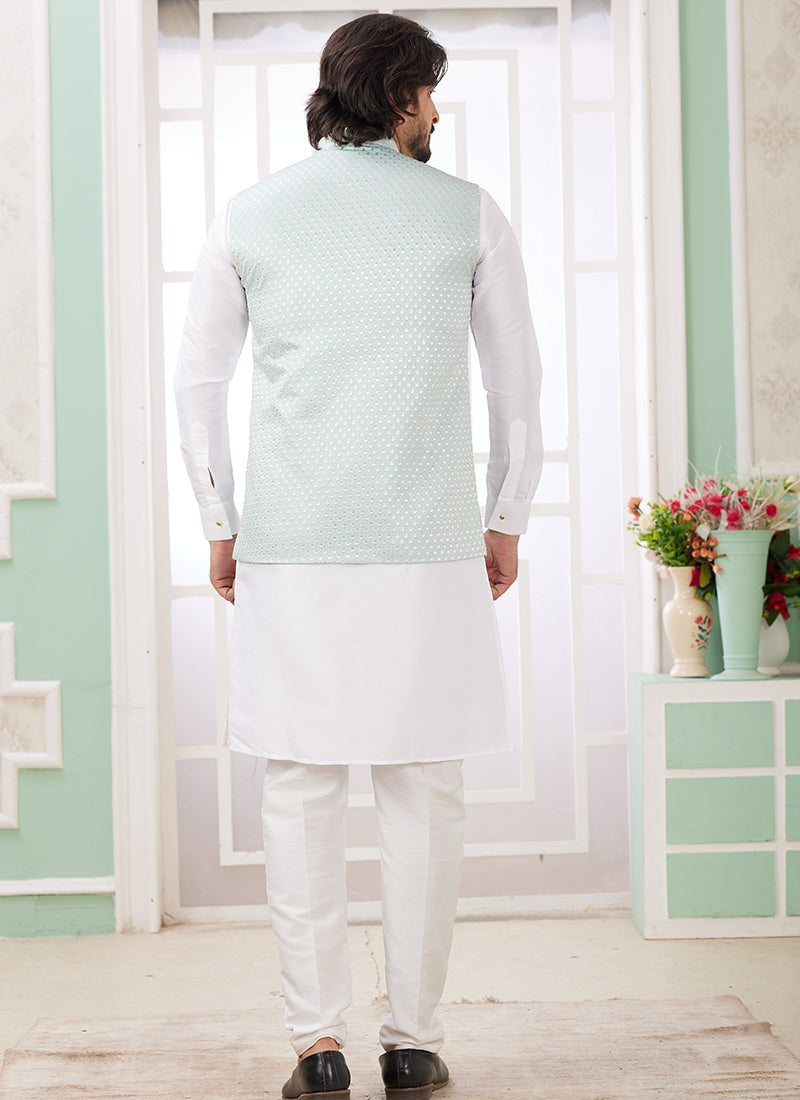 Art Silk Off White Wedding Wear Plain Readymade Kurta Pajama With Jacket