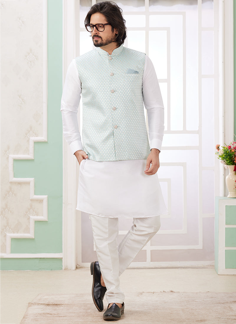 Art Silk Off White Wedding Wear Plain Readymade Kurta Pajama With Jacket