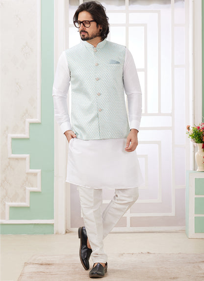 Art Silk Off White Wedding Wear Plain Readymade Kurta Pajama With Jacket
