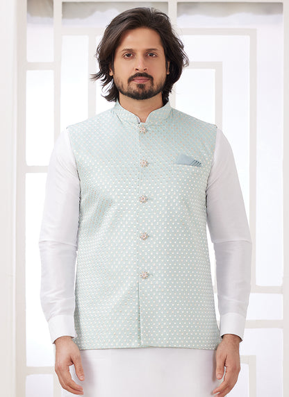 Art Silk Off White Wedding Wear Plain Readymade Kurta Pajama With Jacket