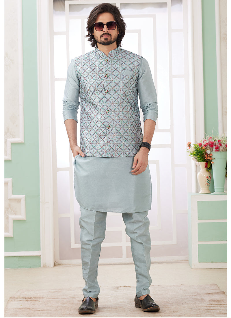 Art Silk Powder Blue Wedding Wear Plain Readymade Kurta Pajama With Jacket