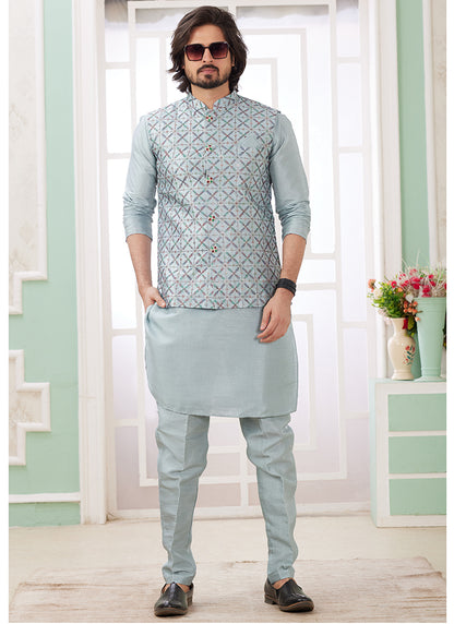 Art Silk Powder Blue Wedding Wear Plain Readymade Kurta Pajama With Jacket