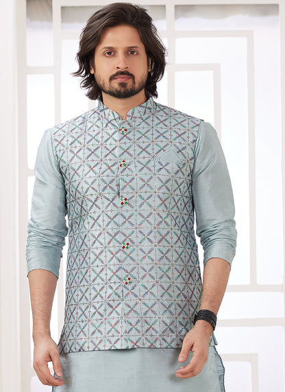Art Silk Powder Blue Wedding Wear Plain Readymade Kurta Pajama With Jacket