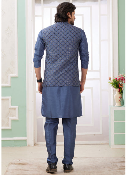 Art Silk Blue Wedding Wear Plain Readymade Kurta Pajama With Jacket