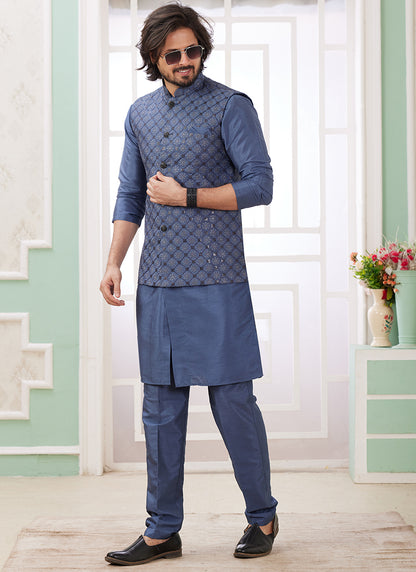 Art Silk Blue Wedding Wear Plain Readymade Kurta Pajama With Jacket