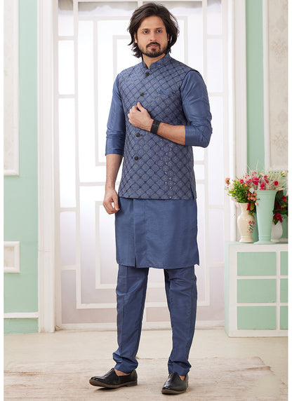 Art Silk Blue Wedding Wear Plain Readymade Kurta Pajama With Jacket