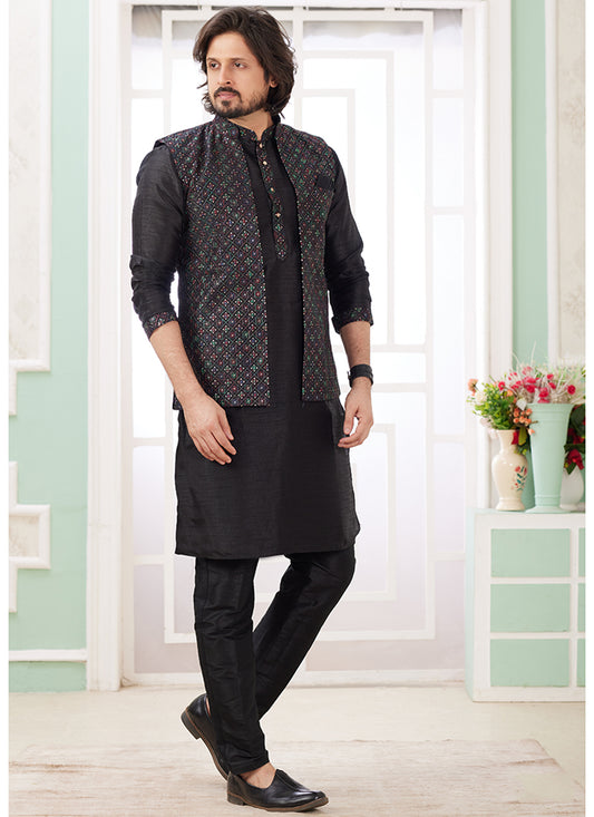 Art Silk Black Wedding Wear Plain Readymade Kurta Pajama With Jacket