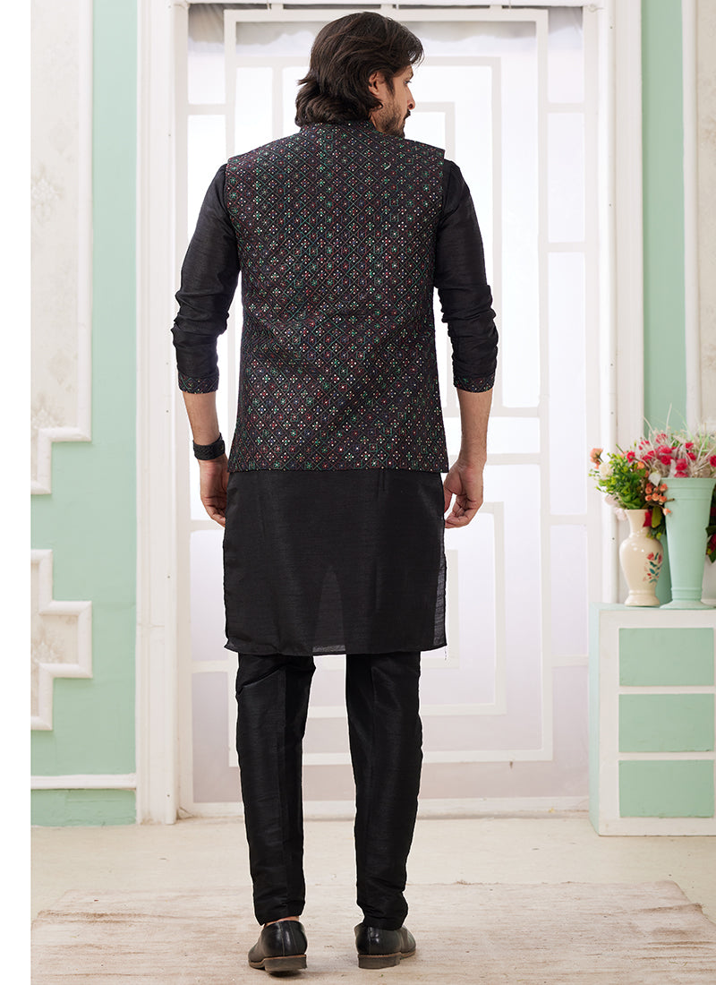 Art Silk Black Wedding Wear Plain Readymade Kurta Pajama With Jacket