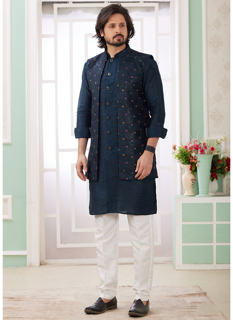 Art Silk Navy Blue Wedding Wear Plain Readymade Kurta Pajama With Jacket