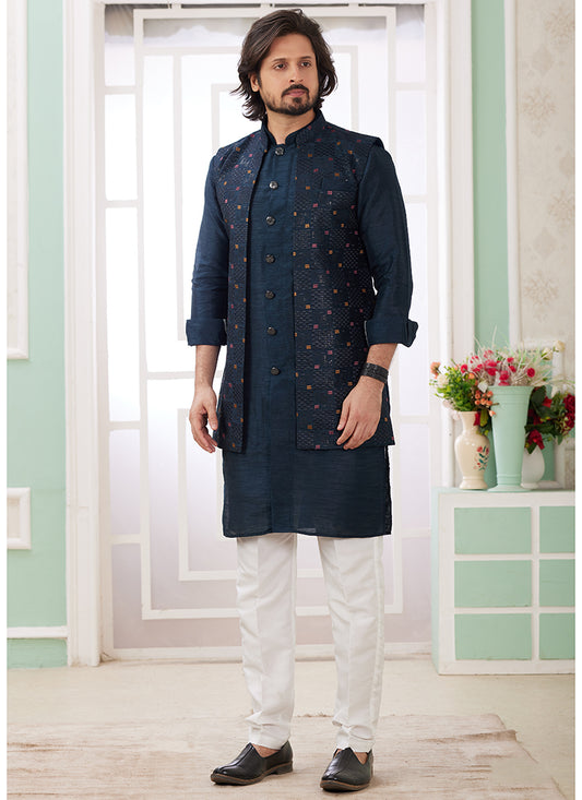 Art Silk Navy Blue Wedding Wear Plain Readymade Kurta Pajama With Jacket