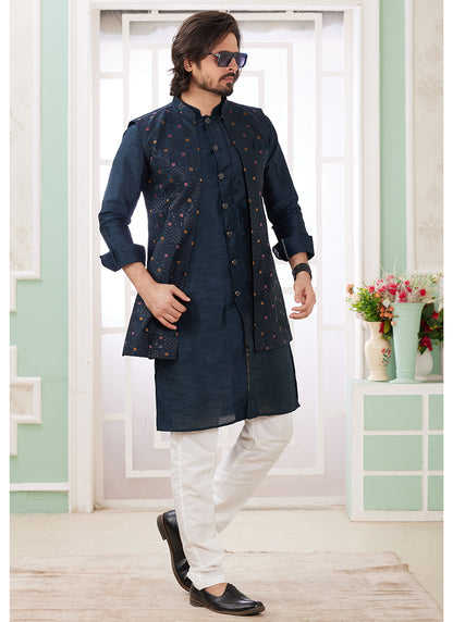 Art Silk Navy Blue Wedding Wear Plain Readymade Kurta Pajama With Jacket