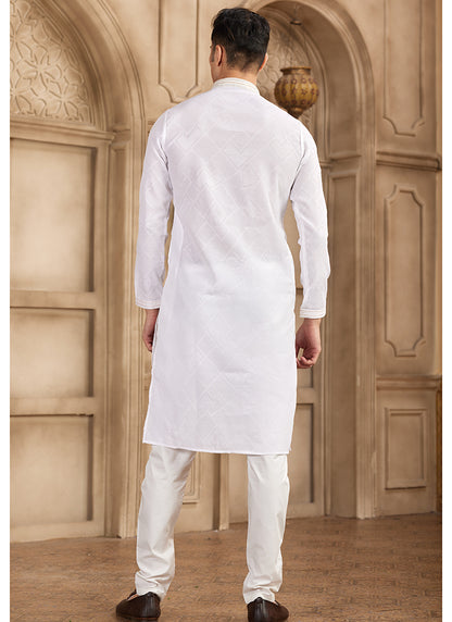Art Silk White Festival Wear Printed Work Readymade Kurta Pajama