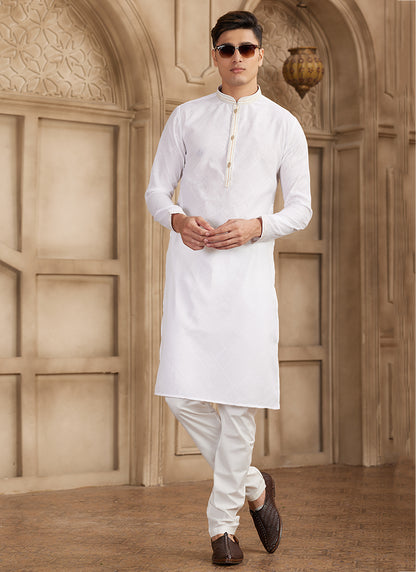 Art Silk White Festival Wear Printed Work Readymade Kurta Pajama