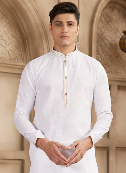 Art Silk White Festival Wear Printed Work Readymade Kurta Pajama