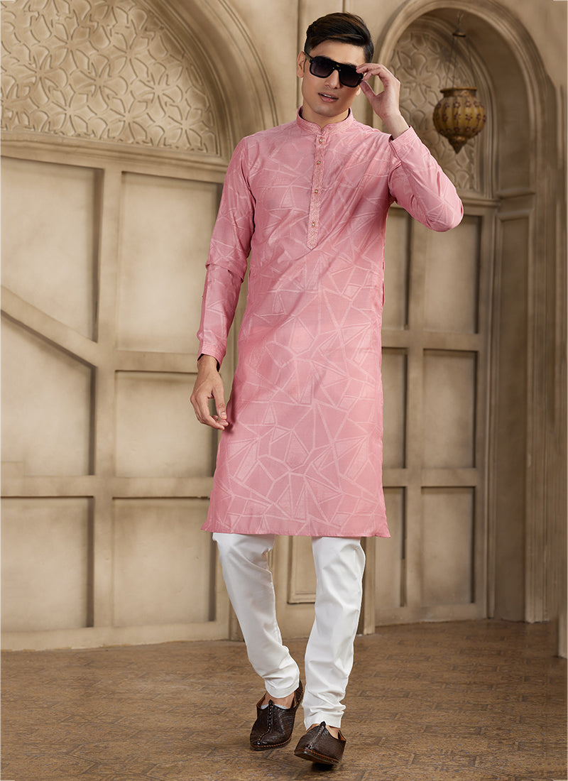 Art Silk Dusty Pink Festival Wear Printed Work Readymade Kurta Pajama
