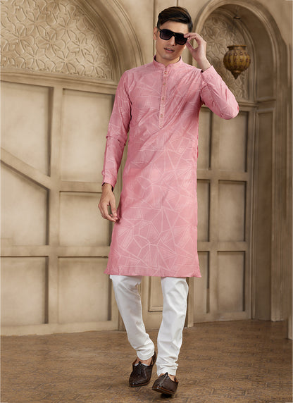 Art Silk Dusty Pink Festival Wear Printed Work Readymade Kurta Pajama