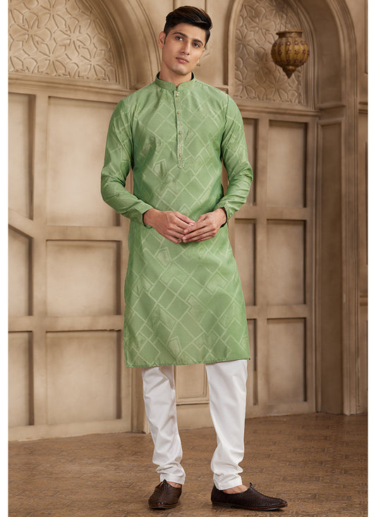 Art Silk Green Festival Wear Printed Work Readymade Kurta Pajama