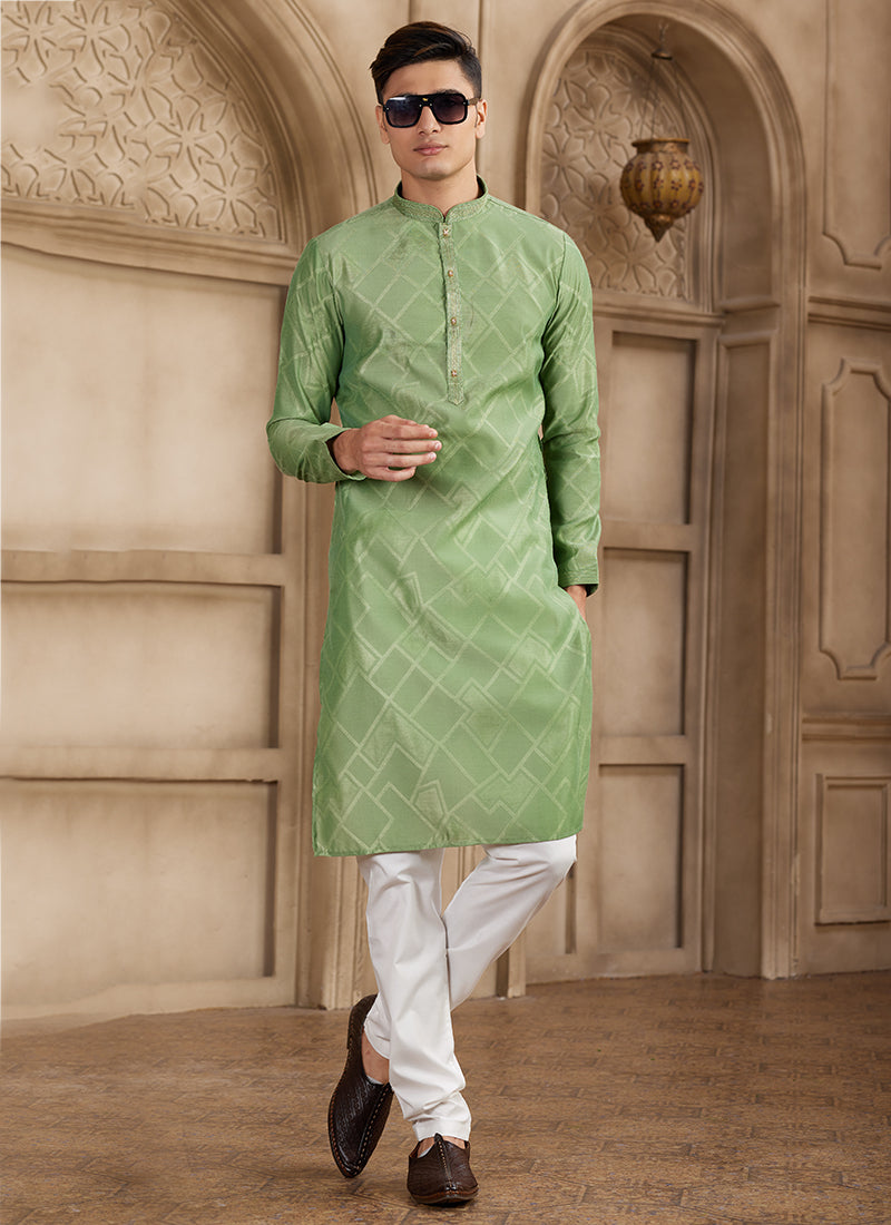 Art Silk Green Festival Wear Printed Work Readymade Kurta Pajama
