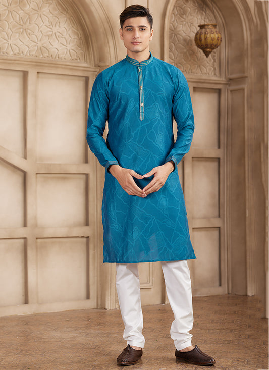 Art Silk Royal Blue Festival Wear Printed Work Readymade Kurta Pajama