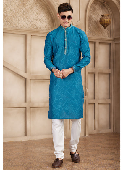 Art Silk Royal Blue Festival Wear Printed Work Readymade Kurta Pajama