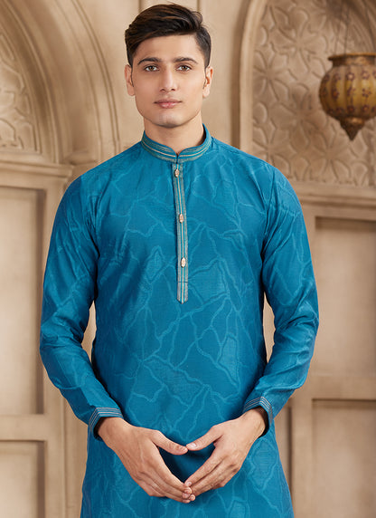 Art Silk Royal Blue Festival Wear Printed Work Readymade Kurta Pajama