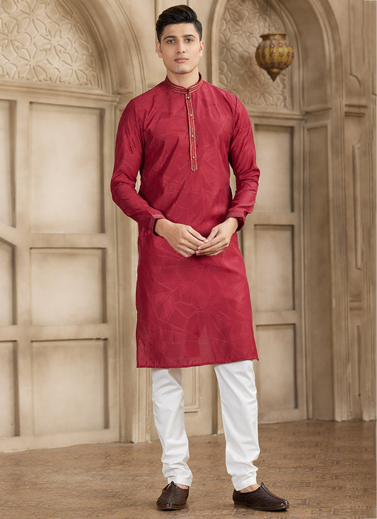 Art Silk Maroon Festival Wear Printed Work Readymade Kurta Pajama