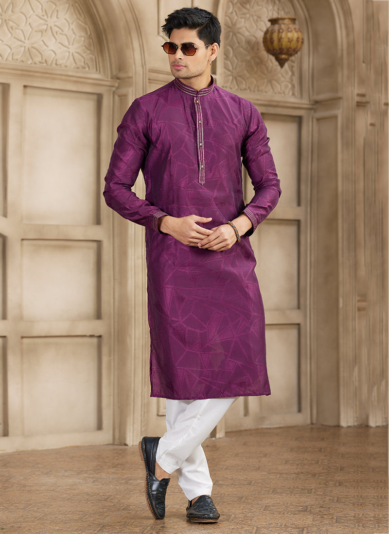 Art Silk Wine Festival Wear Printed Work Readymade Kurta Pajama