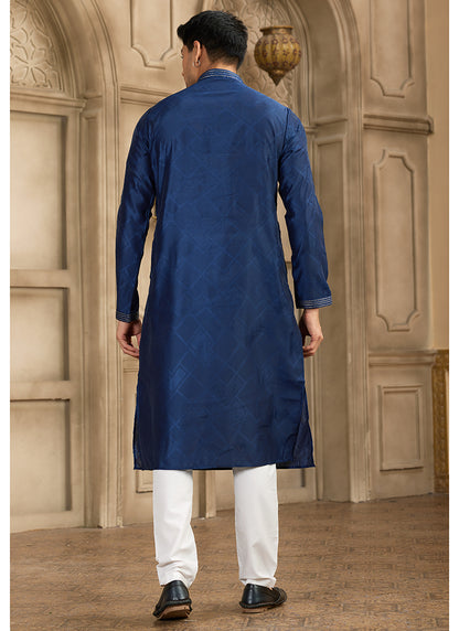 Art Silk Navy Blue Festival Wear Printed Work Readymade Kurta Pajama