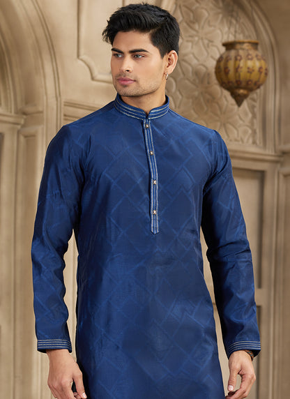 Art Silk Navy Blue Festival Wear Printed Work Readymade Kurta Pajama