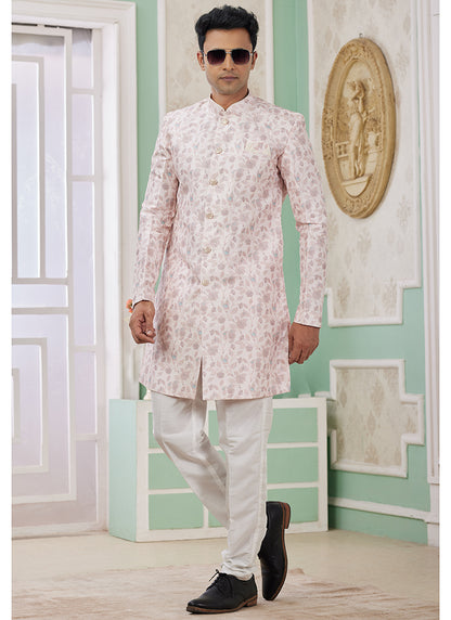 Readymade Banarasi Jacquard Baby Pink Indo Western Sherwani with Embroidery Work for Festival Wear