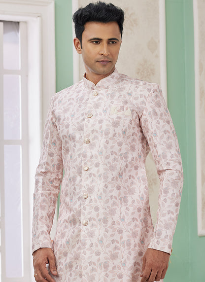Readymade Banarasi Jacquard Baby Pink Indo Western Sherwani with Embroidery Work for Festival Wear