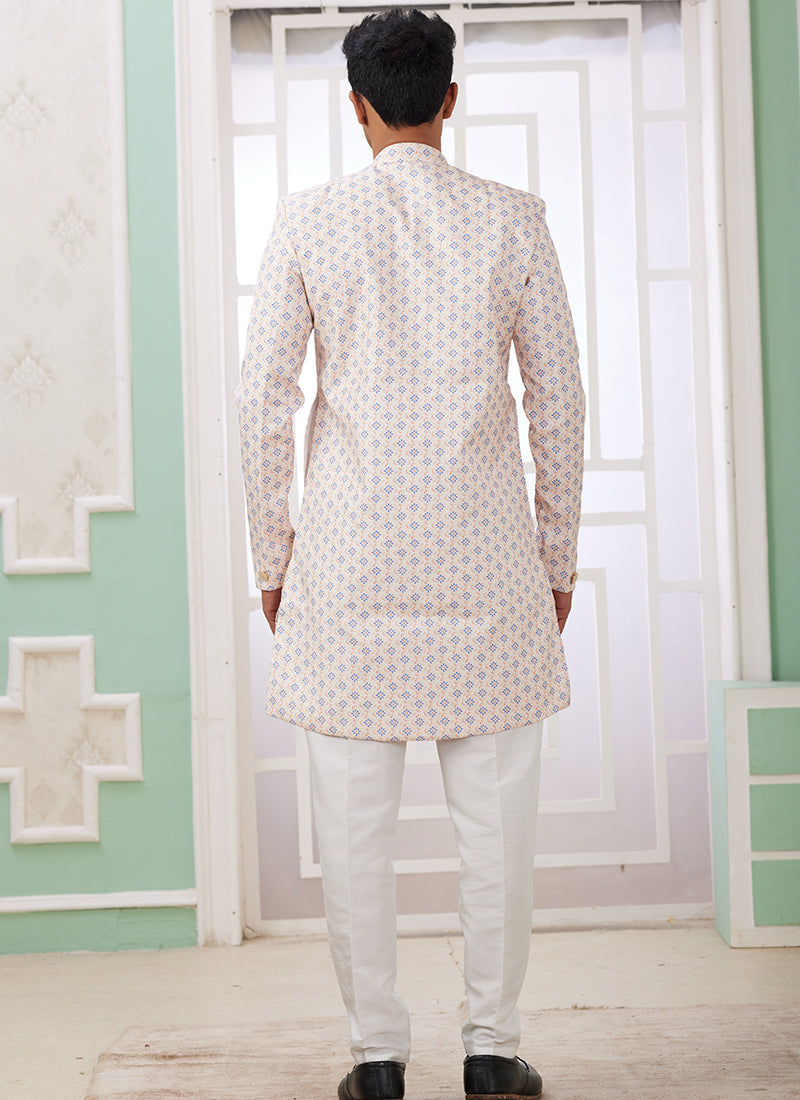 Readymade Banarasi Jacquard Cream Indo Western Sherwani with Embroidery Work for Festival Wear