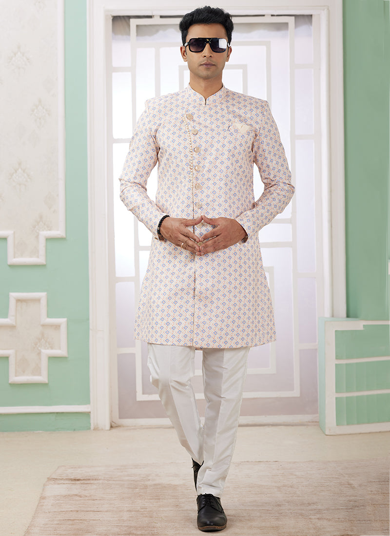 Readymade Banarasi Jacquard Cream Indo Western Sherwani with Embroidery Work for Festival Wear