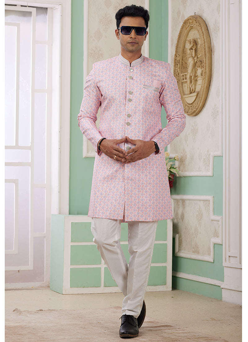 Readymade Banarasi Jacquard Light Pink Indo Western Sherwani with Embroidery Work for Festival Wear