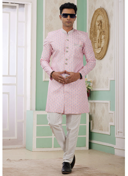 Readymade Banarasi Jacquard Light Pink Indo Western Sherwani with Embroidery Work for Festival Wear