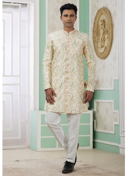 Readymade Banarasi Jacquard Light Yellow Indo Western Sherwani with Embroidery Work for Festival Wear