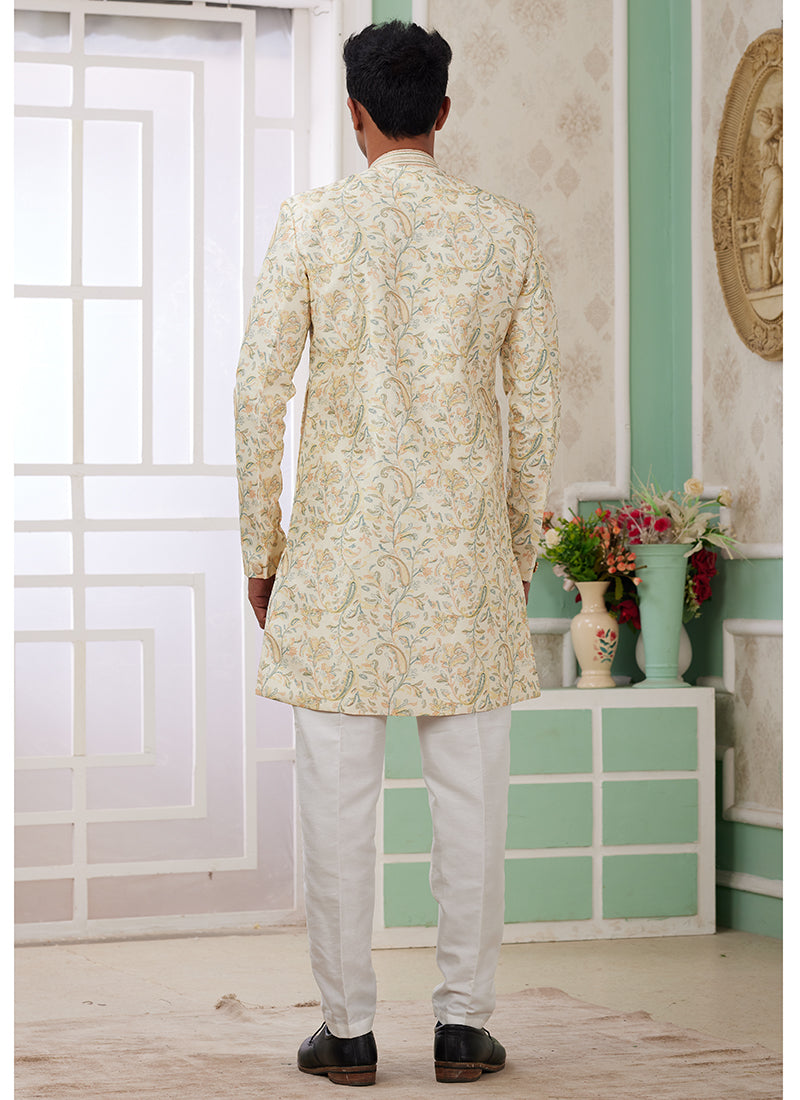 Readymade Banarasi Jacquard Light Yellow Indo Western Sherwani with Embroidery Work for Festival Wear
