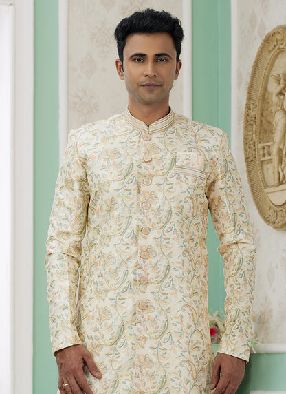 Readymade Banarasi Jacquard Light Yellow Indo Western Sherwani with Embroidery Work for Festival Wear